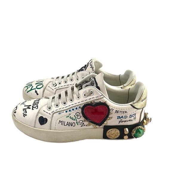 Dolce & Gabbana Sacred Heart Print Low Top Leather Sneakers Size 5 - Picture 3 of 11